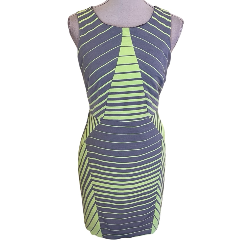 Eva Franco Lime Green/Grey Striped Cotton-Blend Sleeveless Sheath Dress 6